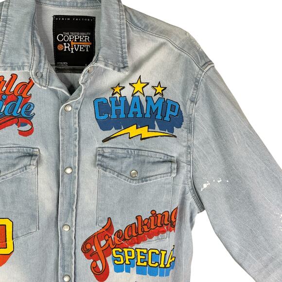 Copper Rivet Light Blue Denim Shirt Snap Button Graphic Prints Large - Picture 9 of 12